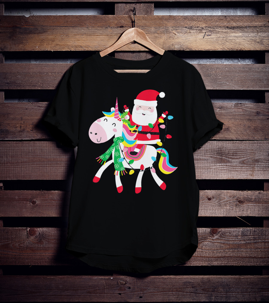 Santa Claus Riding Unicorn With Christmas Lights And Scarf T-Shirt