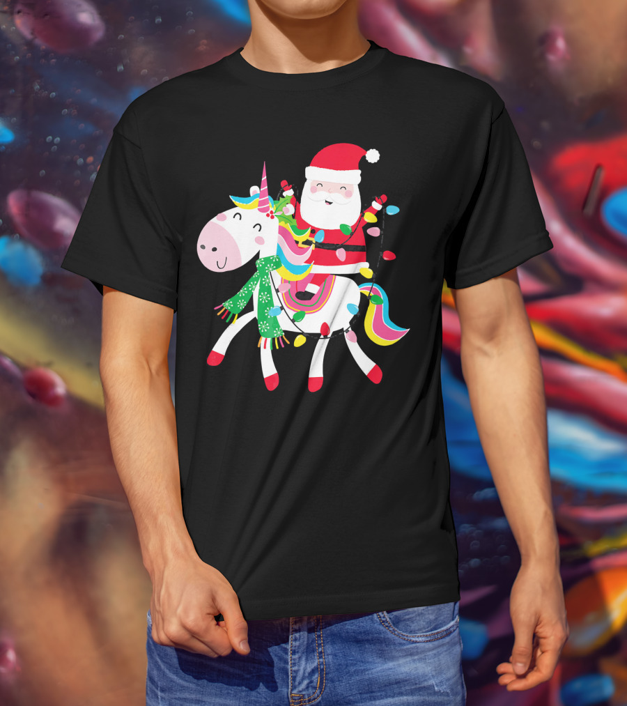 Santa Claus Riding Unicorn With Christmas Lights And Scarf T-Shirt