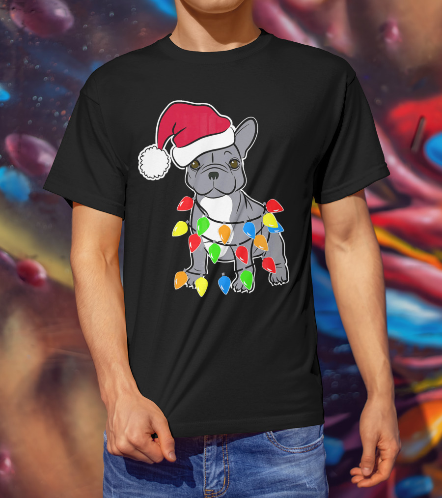 Santa French Bulldog With Christmas Lights T-Shirt