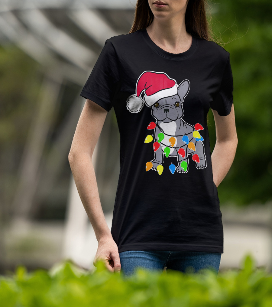 Santa French Bulldog With Christmas Lights T-Shirt