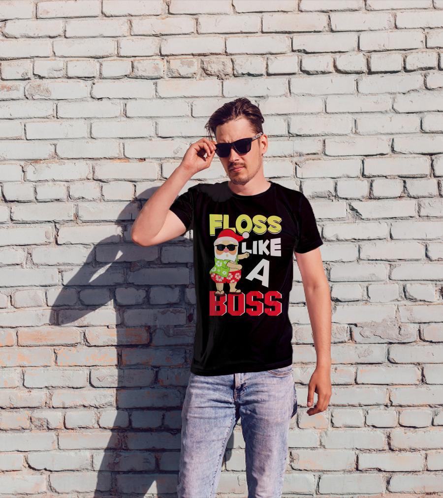 Floss Like A Boss Flossing Santa In Hawaiian Shirt And Sunglasses T-Shirt