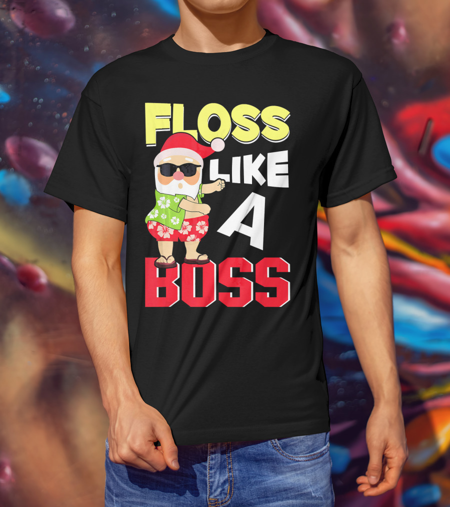 Floss Like A Boss Flossing Santa In Hawaiian Shirt And Sunglasses T-Shirt