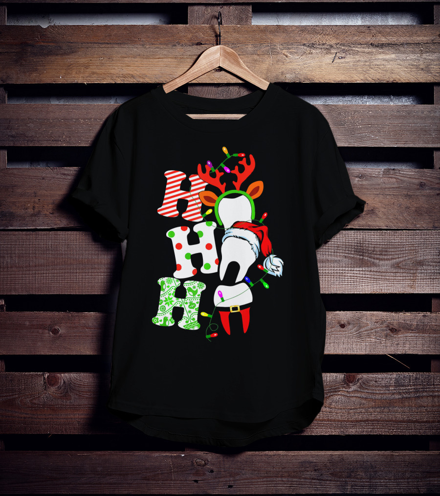 Ho Ho Ho Funny Santa Teeth Christmas Lights Reindeer Antlers T-Shirt