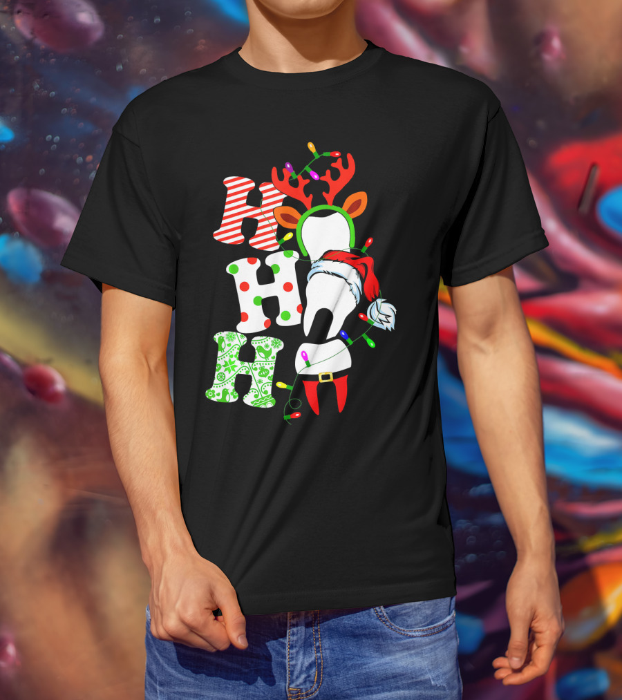 Ho Ho Ho Funny Santa Teeth Christmas Lights Reindeer Antlers T-Shirt