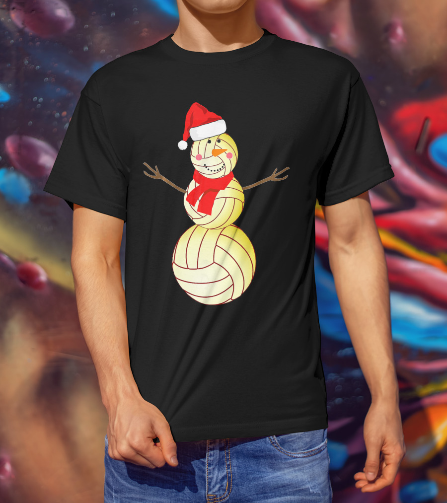 Funny Volleyball Snowman With Santa Hat And Scarf T-Shirt