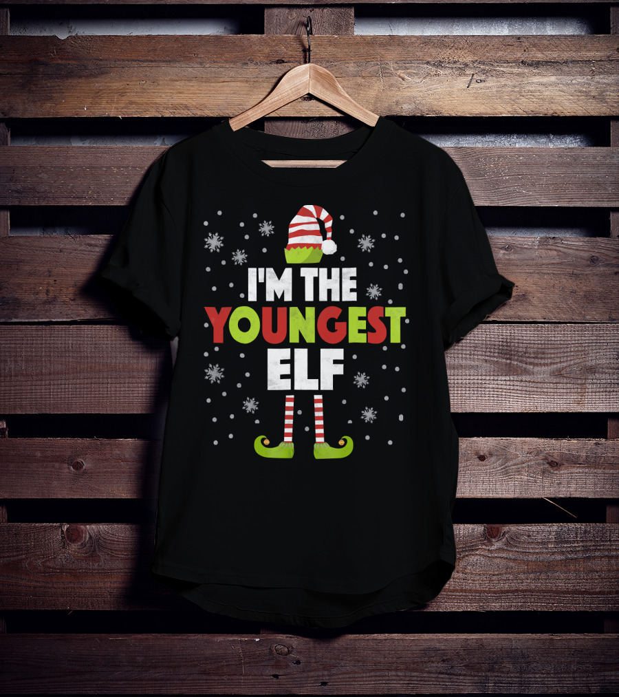 I'm The Youngest Elf Christmas Snow Hat And Shoes T-Shirt
