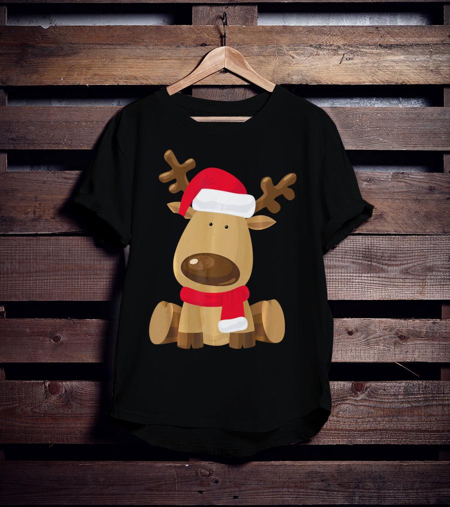 Adorable Festive Reindeer With Santa Hat And Scarf T-Shirt
