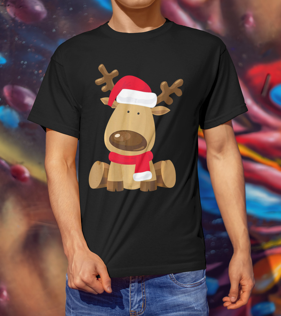 Adorable Festive Reindeer With Santa Hat And Scarf T-Shirt