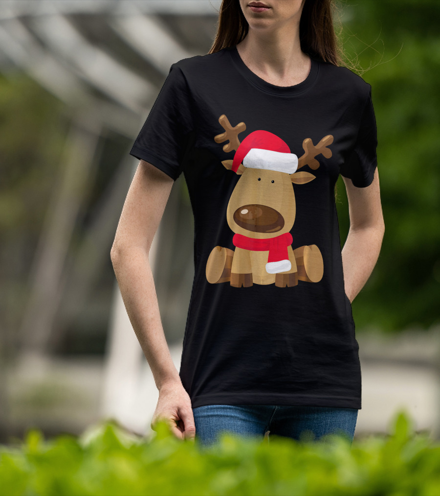 Adorable Festive Reindeer With Santa Hat And Scarf T-Shirt