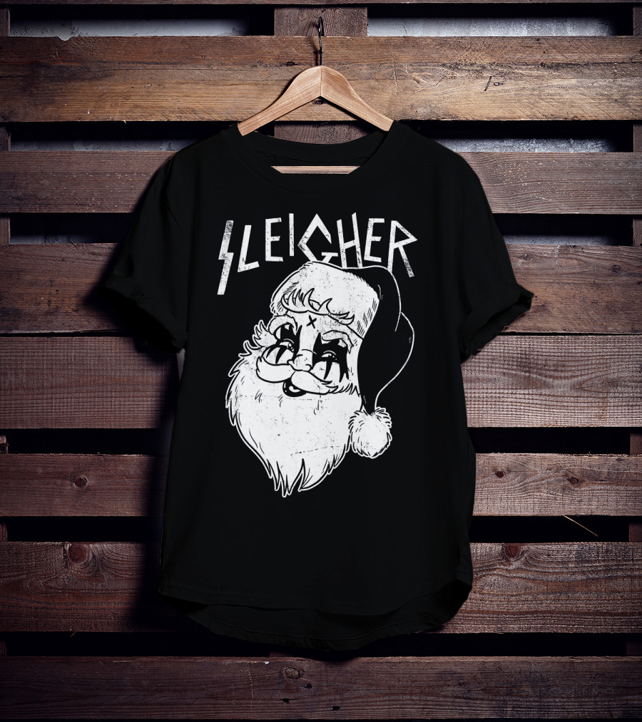 Sleigher Funny Christmas Black Metal Santa T-Shirt