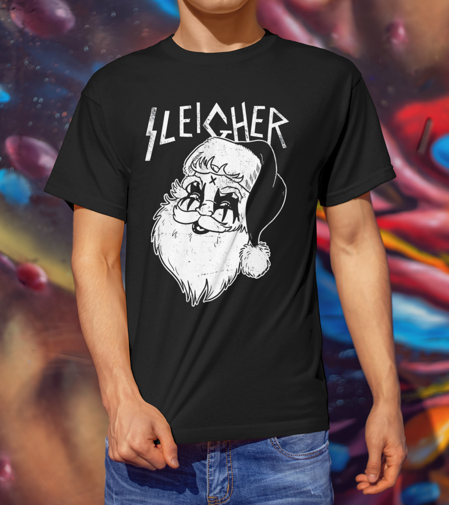 Sleigher Funny Christmas Black Metal Santa T-Shirt