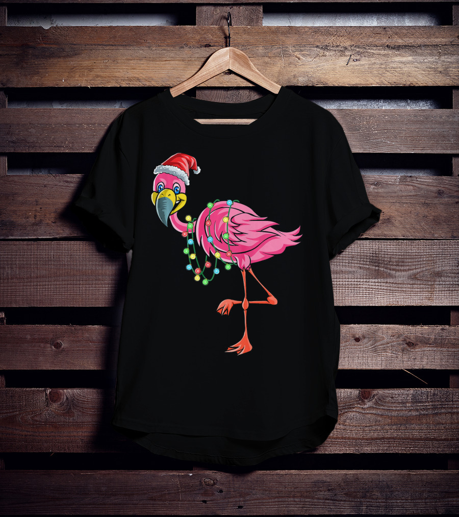 Christmas Flamingo Santa Hat Festive Lights Fun T-Shirt