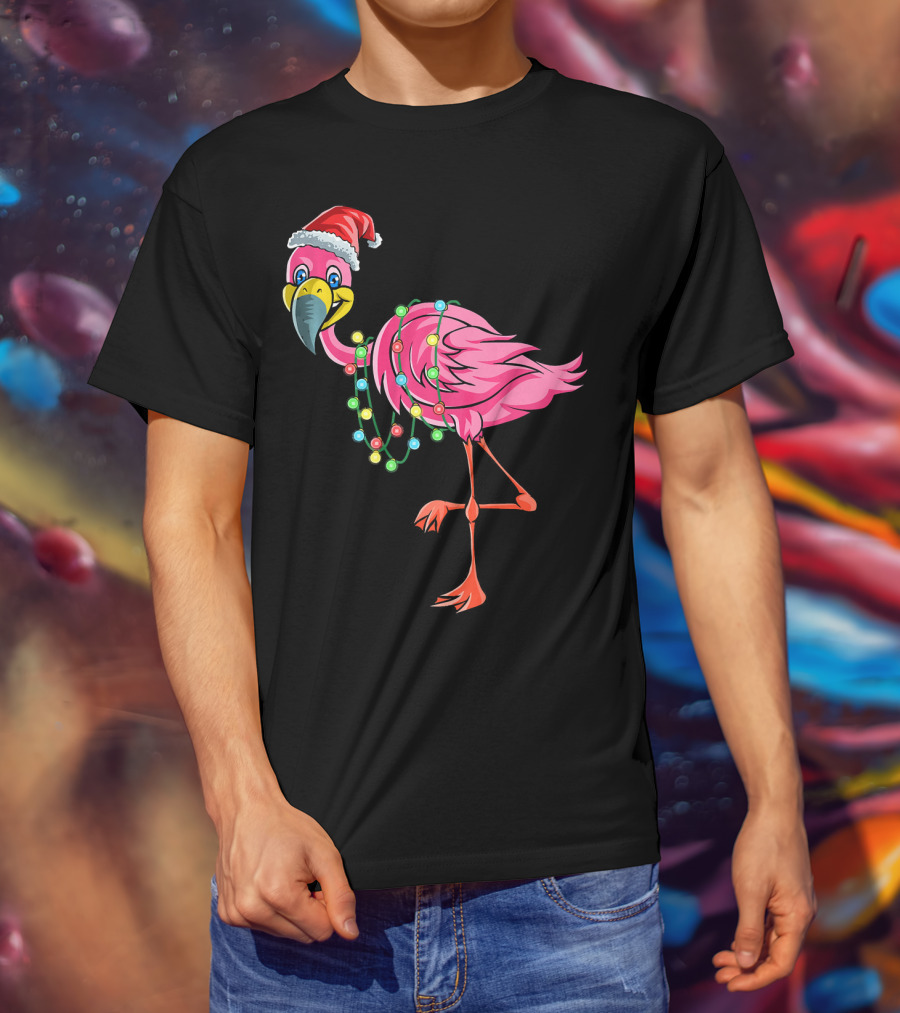 Christmas Flamingo Santa Hat Festive Lights Fun T-Shirt