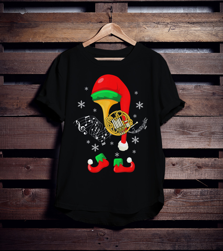 Elf French Horn Music With Christmas Hat And Shoes T-Shirt