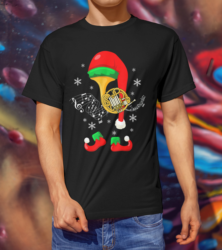 Elf French Horn Music With Christmas Hat And Shoes T-Shirt