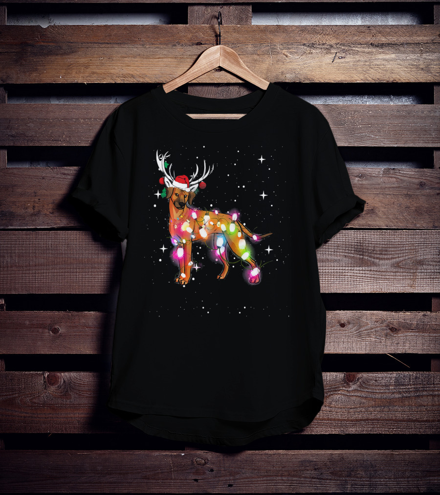 Christmas Lights Rhodesian Ridgeback Dog With Antlers Santa Hat T-Shirt