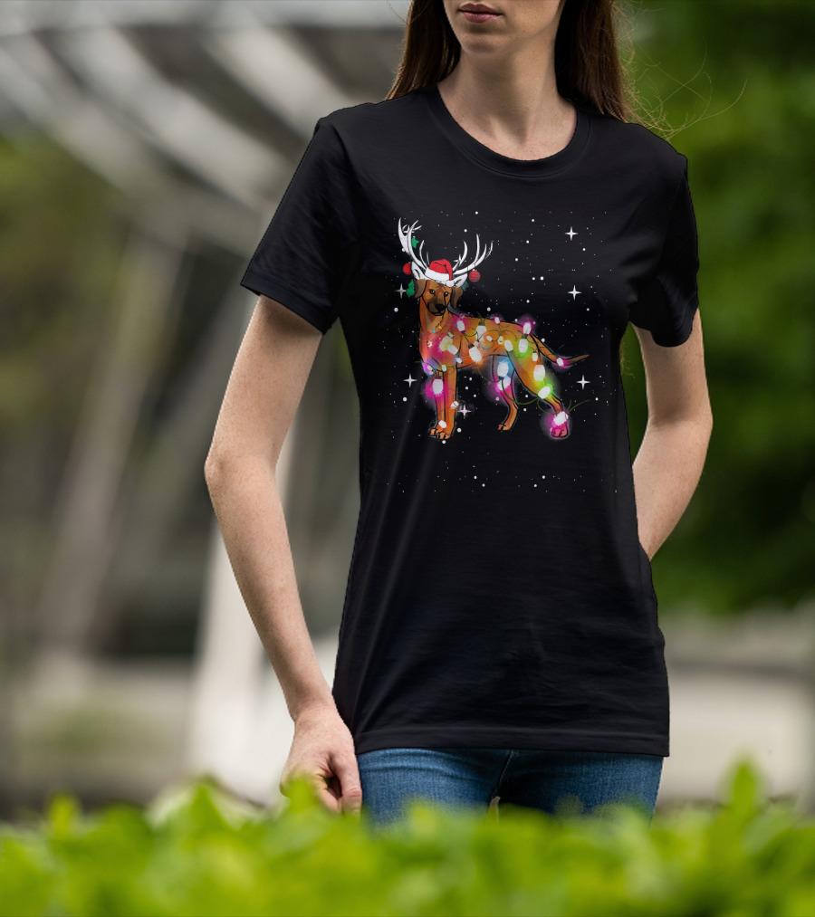 Christmas Lights Rhodesian Ridgeback Dog With Antlers Santa Hat T-Shirt