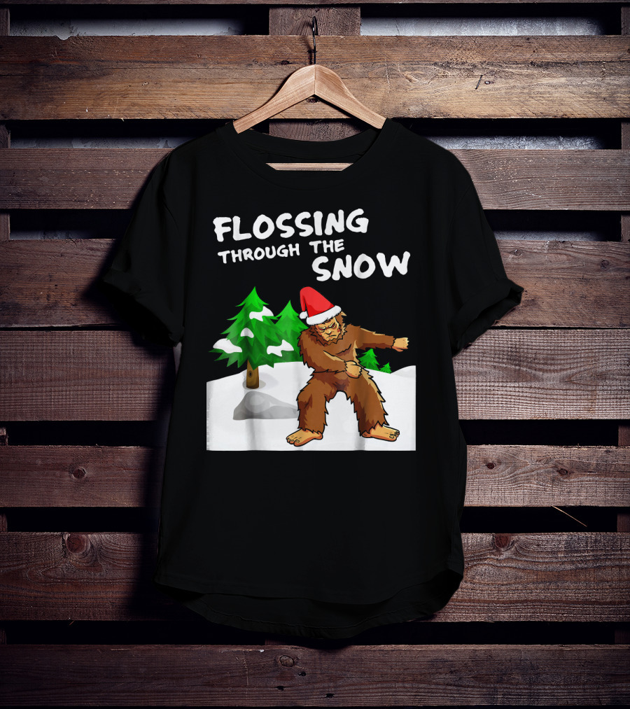 Flossing Through The Snow Bigfoot Santa Hat Winter Scene T-Shirt