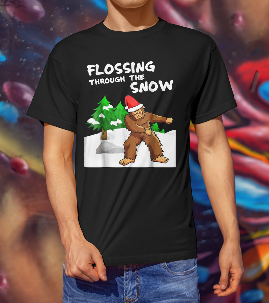 Flossing Through The Snow Bigfoot Santa Hat Winter Scene T-Shirt