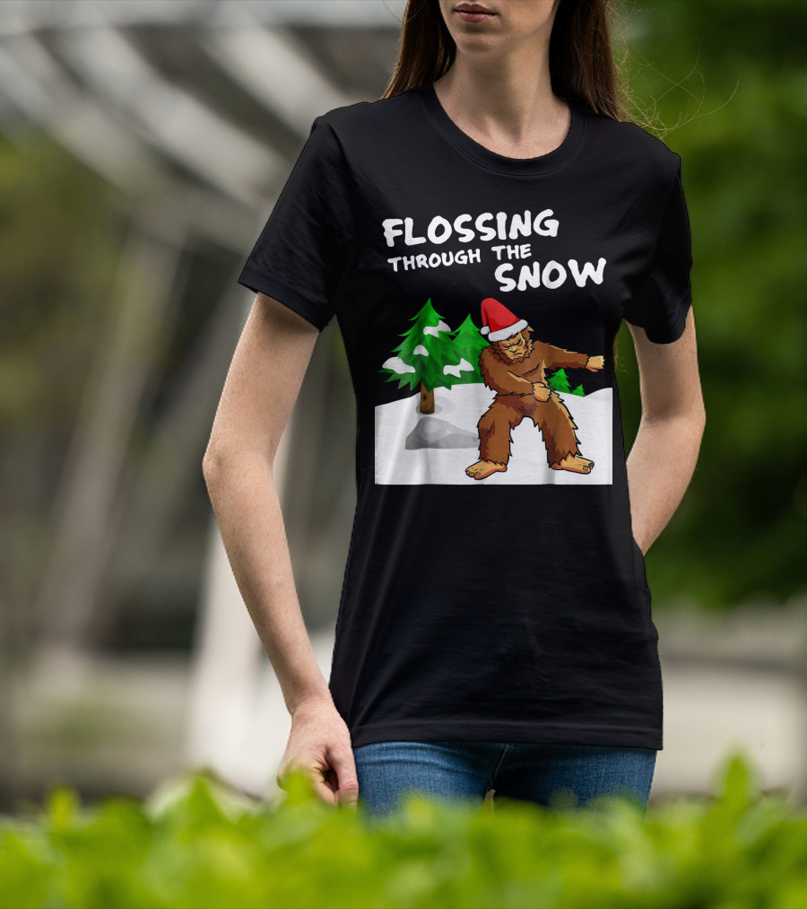 Flossing Through The Snow Bigfoot Santa Hat Winter Scene T-Shirt
