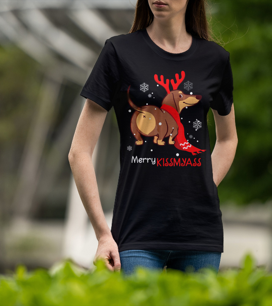 Funny Dog Dachshund Christmas Merry Kiss My Ass T-Shirt