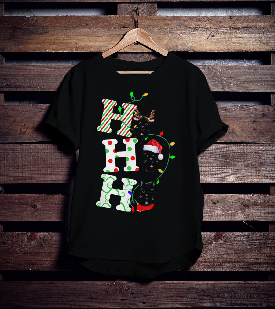 Scottish Terrier Ho Ho Ho Christmas Lights Santa Hat And Antlers T-Shirt