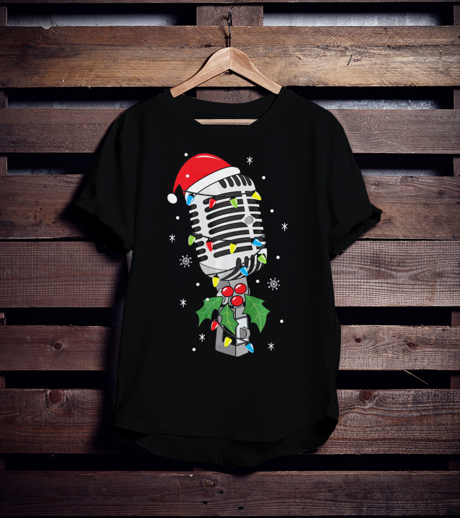 Retro Microphone With Santa Hat And Holiday Lights T-Shirt