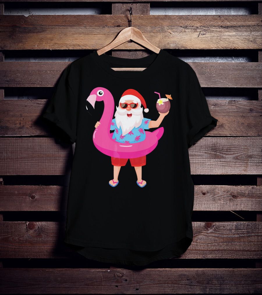 Funny Santa Claus With Flamingo And Tropical Drink T-Shirt