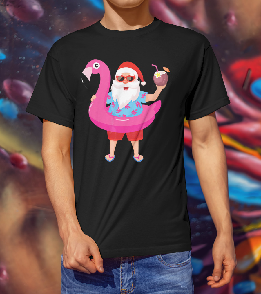Funny Santa Claus With Flamingo And Tropical Drink T-Shirt