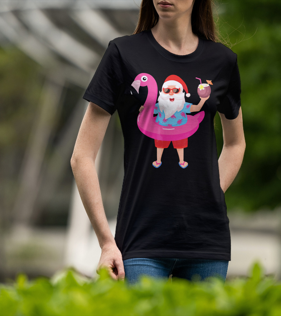 Funny Santa Claus With Flamingo And Tropical Drink T-Shirt