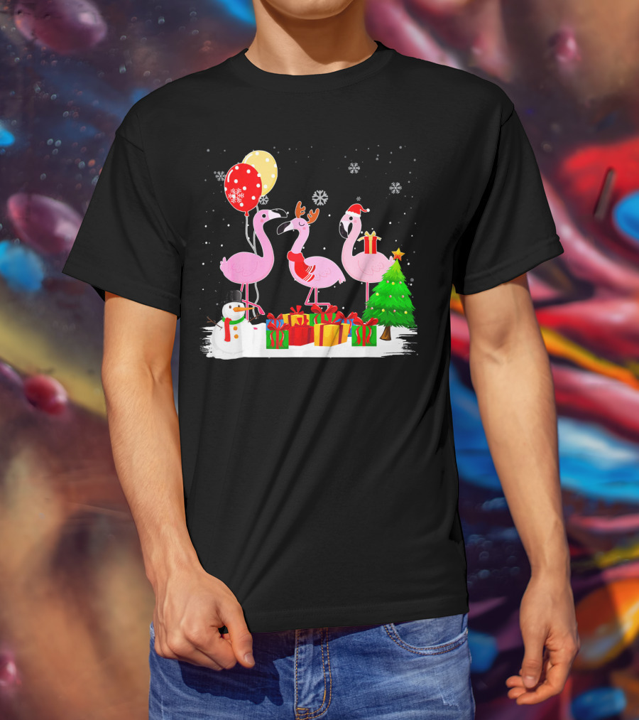 Three Flamingos Xmas Santa With Christmas Tree Presents Snowman Balloons T-Shirt