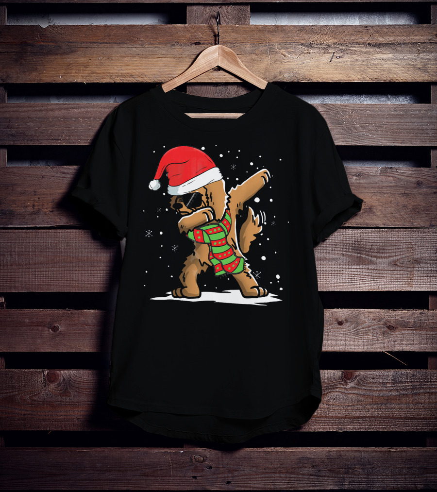 Dabbing Goldendoodle Santa With Red Hat And Christmas Scarf T-Shirt
