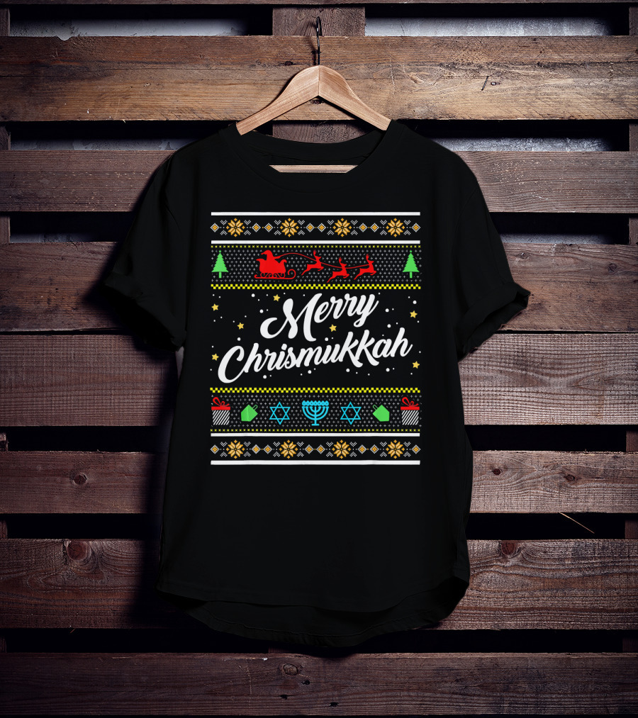 Merry Chrismukkah Santa Sleigh Menorah Stars Trees Snowflakes T-Shirt