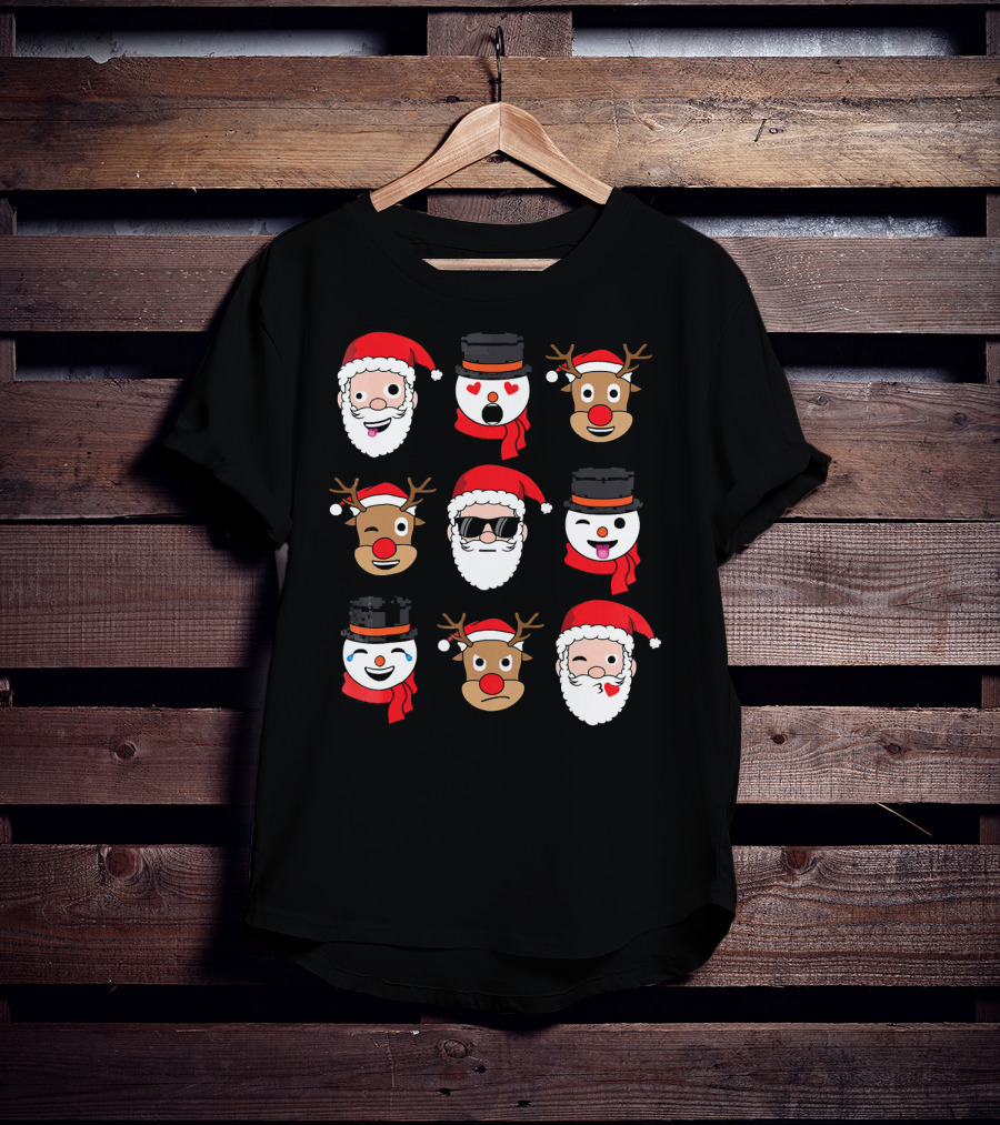 Santa Claus Emoji Faces With Reindeer And Snowman Expressions T-Shirt