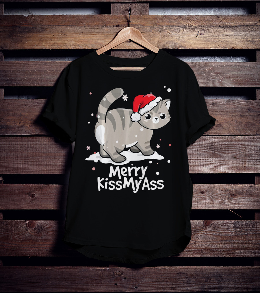 Merry KissMyAss Cat With Santa Hat In Snowflakes T-Shirt