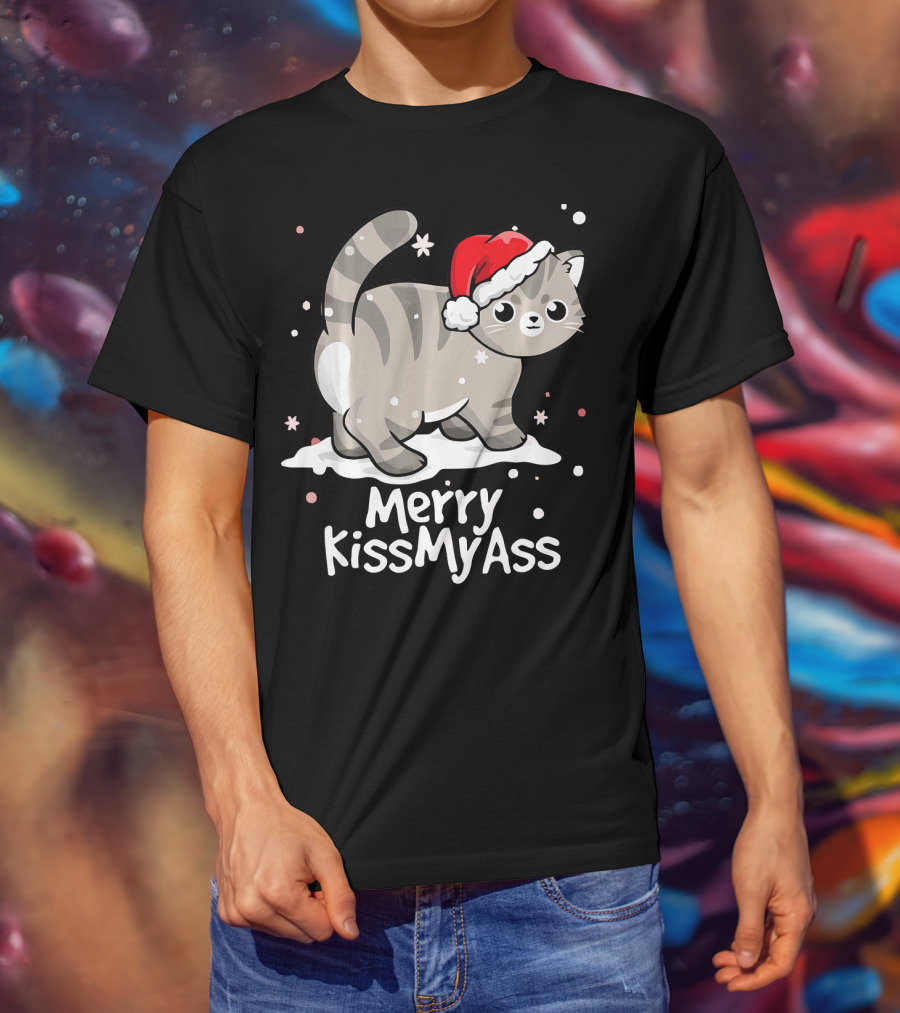 Merry KissMyAss Cat With Santa Hat In Snowflakes T-Shirt
