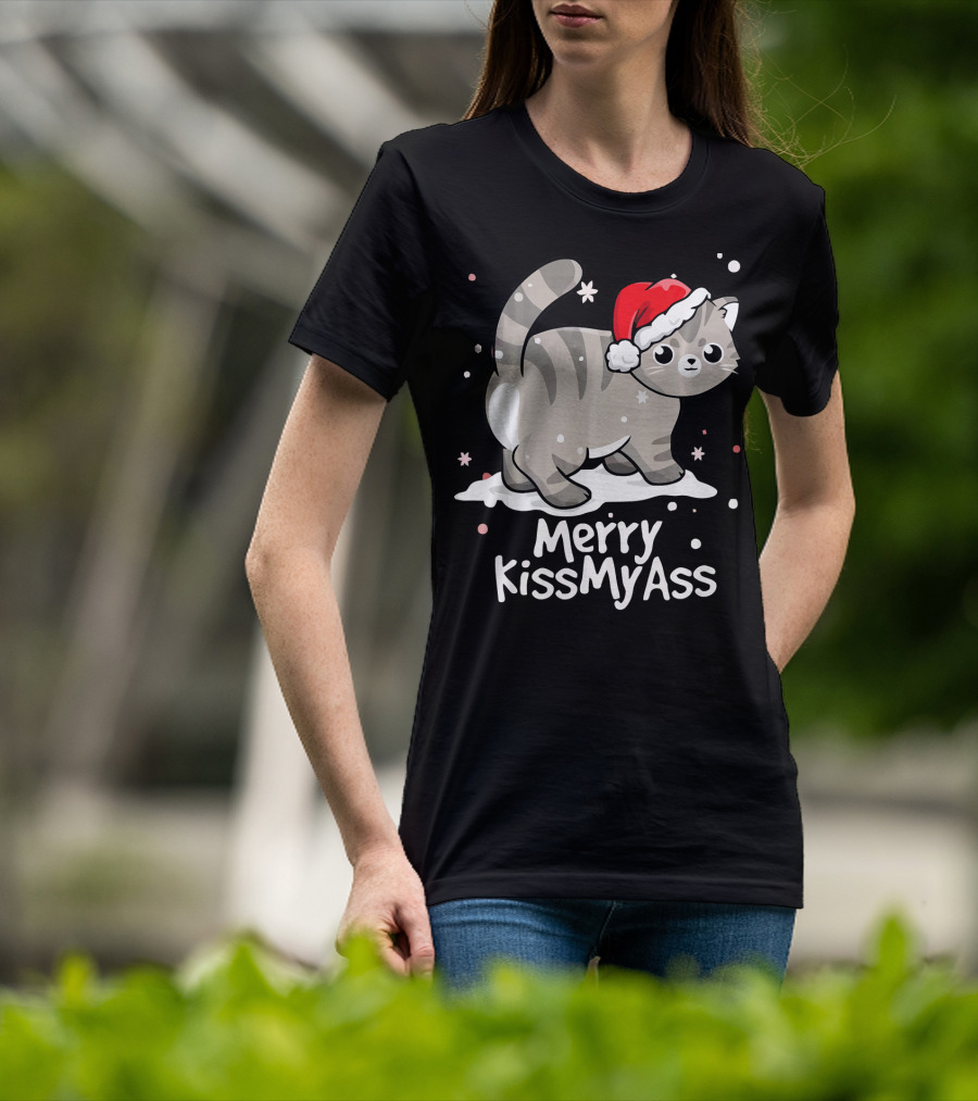 Merry KissMyAss Cat With Santa Hat In Snowflakes T-Shirt
