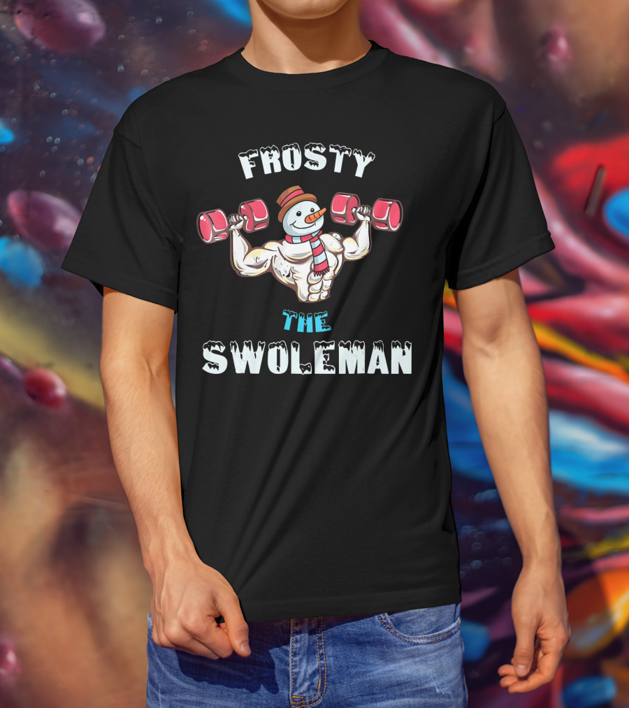 Frosty The Swoleman Christmas Muscle Snowman Lifting Weights T-Shirt