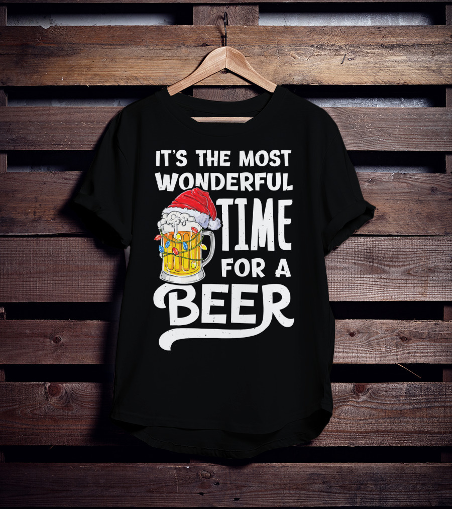 It's The Most Wonderful Time For A Beer With Santa Hat And Holiday Lights T-Shirt