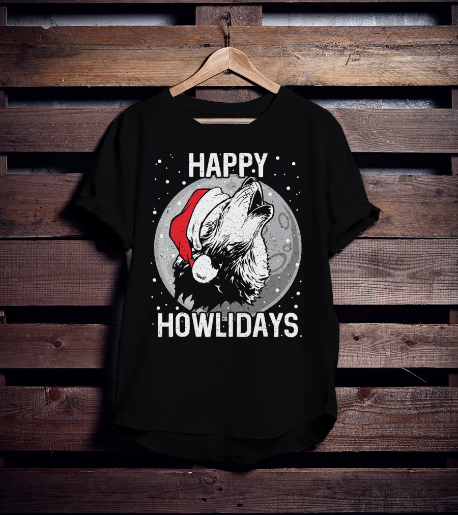 Happy Howlidays Christmas Wolf Santa Hat Moon T-Shirt