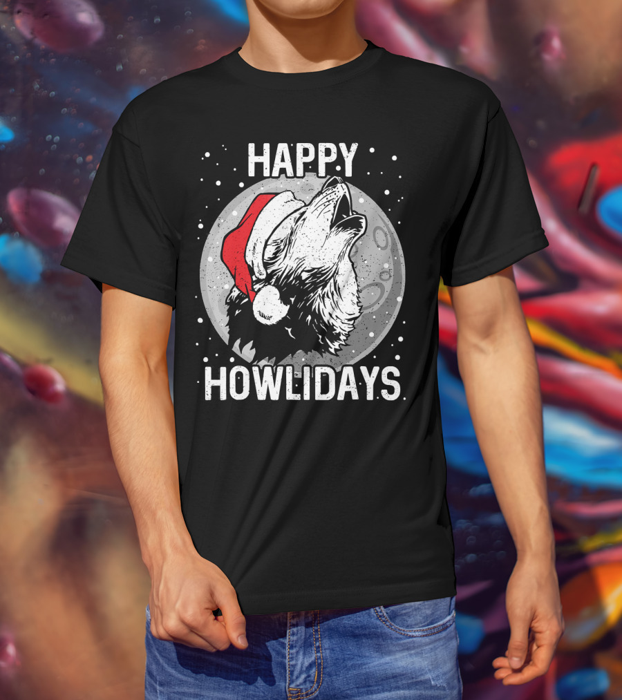 Happy Howlidays Christmas Wolf Santa Hat Moon T-Shirt