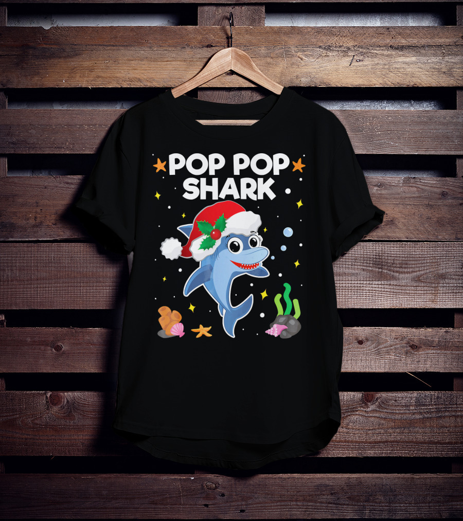Pop Pop Shark Santa Christmas Grandpa Grandma Ocean T-Shirt