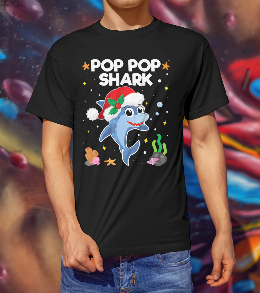 Pop Pop Shark Santa Christmas Grandpa Grandma Ocean T-Shirt