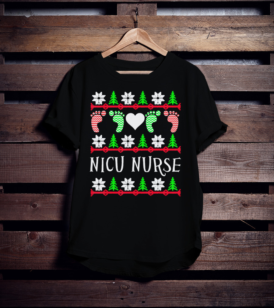 NICU Nurse Christmas Baby Feet Heart Trees T-Shirt