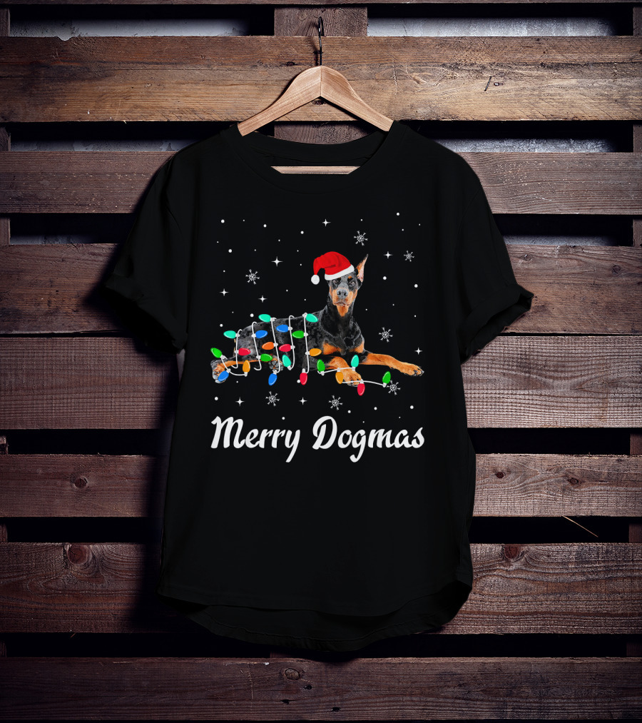 Merry Dogmas Christmas Doberman With Santa Hat And Festive Lights T-Shirt