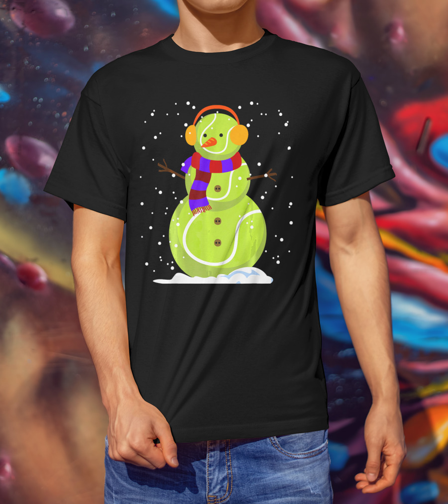 Dabbing Tennis Ball Snowman With Scarf And Earmuffs T-Shirt