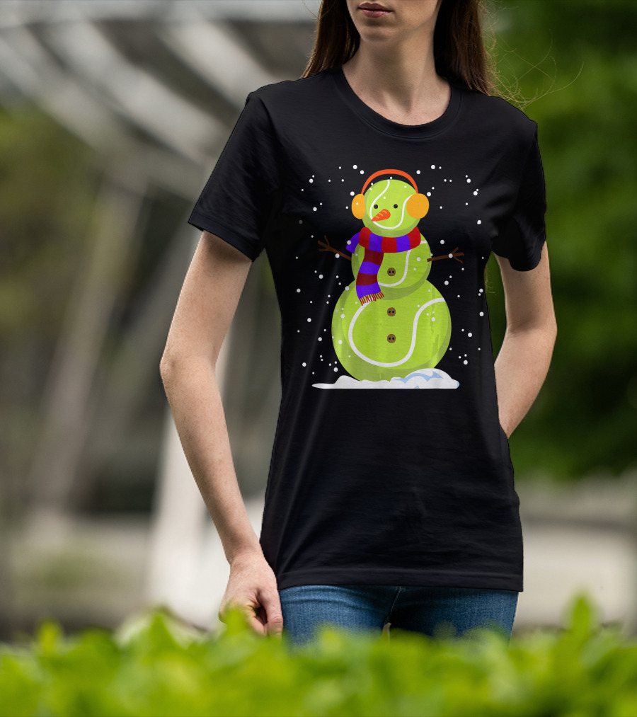 Dabbing Tennis Ball Snowman With Scarf And Earmuffs T-Shirt