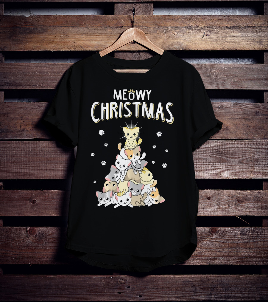 Meowy Christmas Cats Tree With Cute Paw Prints T-Shirt