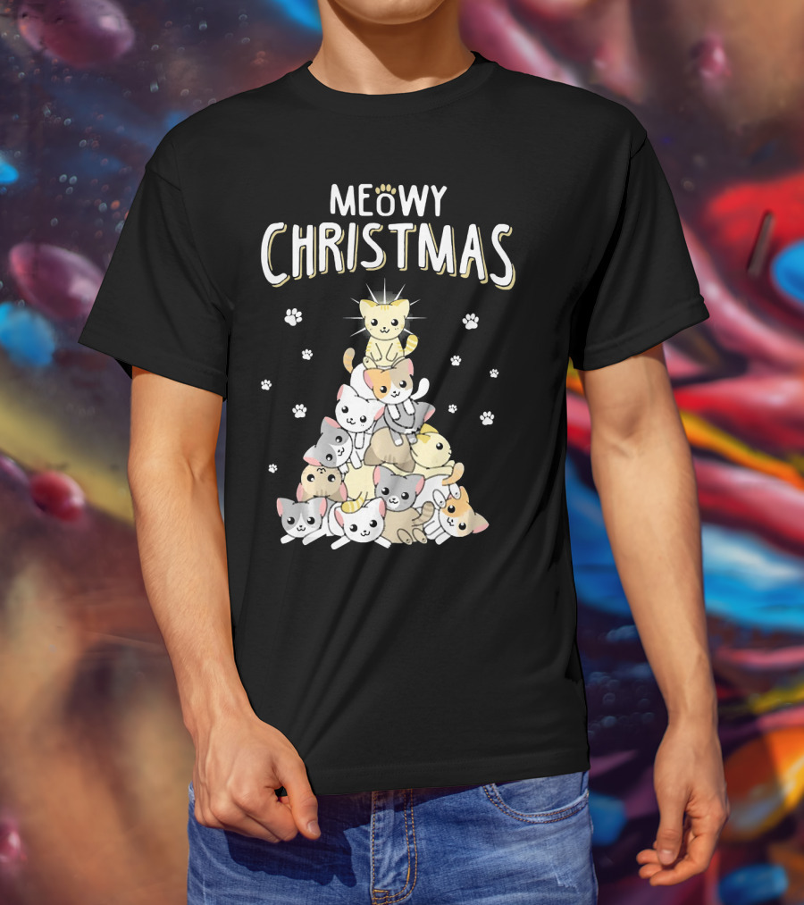 Meowy Christmas Cats Tree With Cute Paw Prints T-Shirt
