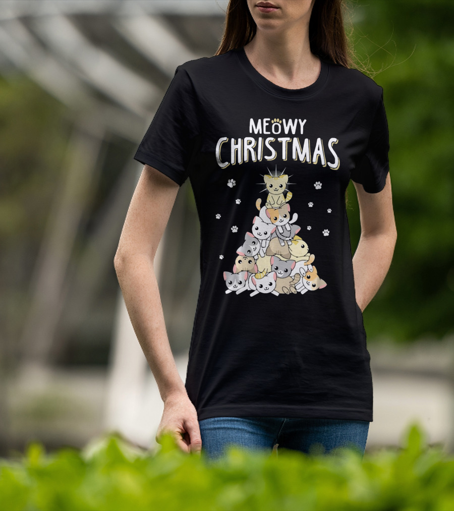 Meowy Christmas Cats Tree With Cute Paw Prints T-Shirt